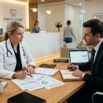 Dentista e consultor analisam documentos para abertura de clinica odontológica cnpj em recepção moderna.