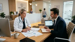Dentista e consultor analisam documentos para abertura de clinica odontológica cnpj em recepção moderna.