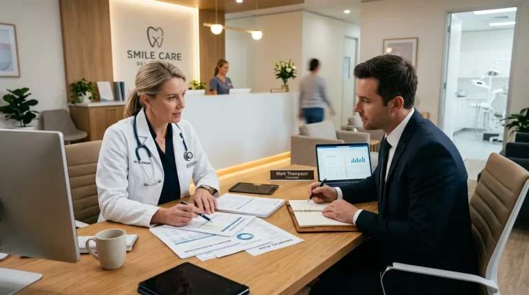 Dentista e consultor analisam documentos para abertura de clinica odontológica cnpj em recepção moderna.