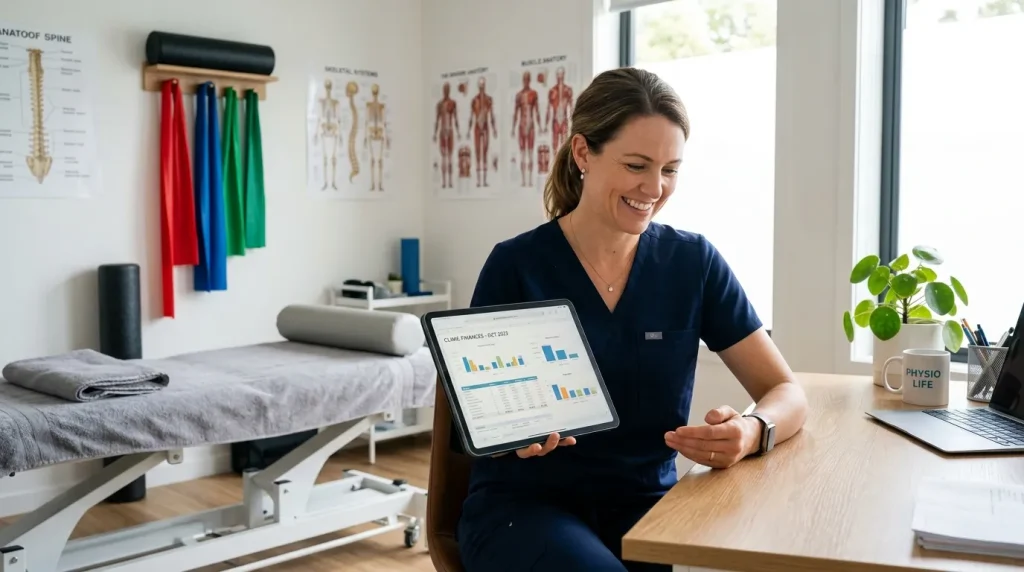 Fisioterapeuta sorridente analisando relatórios financeiros de contabilidade para fisioterapeutas em seu consultório.
