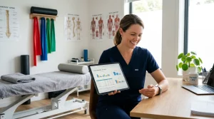 Fisioterapeuta sorridente analisando relatórios financeiros de contabilidade para fisioterapeutas em seu consultório.