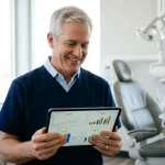 Dentista analisa gráficos financeiros em tablet sobre Simples Nacional para dentistas em seu consultório moderno.