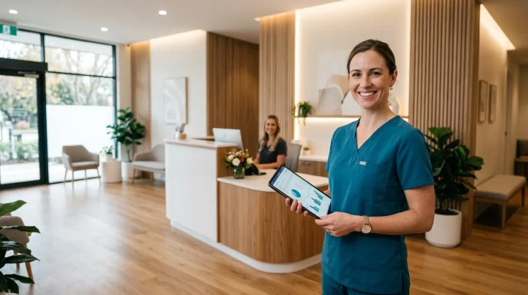 Fisioterapeuta sorrindo ao entender as vantagens de abrir um CNPJ para fisioterapeuta em seu consultório moderno.