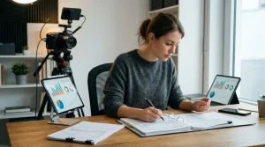 Criador de conteúdo analisando gráficos sobre como ficam os impostos dos influenciadores digitais em 2027.