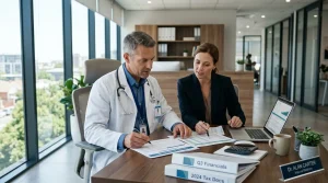 Médico analisando documentos financeiros e planejamento de contabilidade para médicos em consultório moderno.