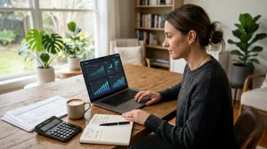 Profissional analisando relatórios de contabilidade para afiliados no laptop em escritório moderno.