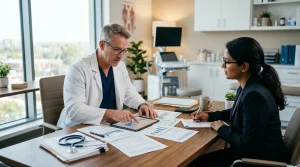 Contabilidade para médicos e clínicas com especialista analisando relatórios fiscais em consultório moderno.