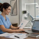 Dentista analisando planejamento financeiro e contabilidade para dentistas em consultório moderno.