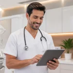 Dentista planejando abertura de CNPJ para dentista em consultório moderno e bem iluminado.