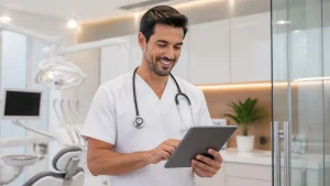 Dentista planejando abertura de CNPJ para dentista em consultório moderno e bem iluminado.