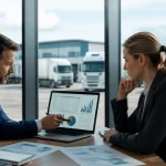 Gestor e contador analisando relatórios de contabilidade para transportadoras em escritório moderno.