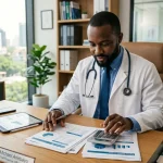 Médico no Lucro Presumido analisando relatórios fiscais e planejamento tributário em consultório.