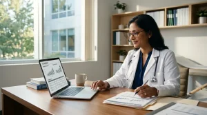 Médico analisando planejamento tributário com Fator R para reduzir impostos da clínica médica.