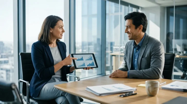 Reunião de negócios aplicando contabilidade consultiva para aumentar os lucros da empresa.